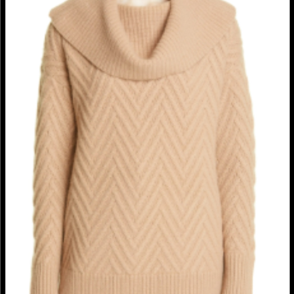Nordstrom Nwt 100% Cashmere Cowl Neck Sweater - Chevron Pattern Taupe